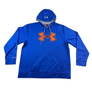 Under Armour Hoodie Men XL Blue Storm Loose Fit Orange Logo Pullover Streetwear